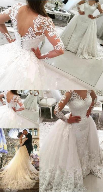 Gorgeous Ivory V-Neck Long Sleeves Appliques Watteau Train Wedding Dress