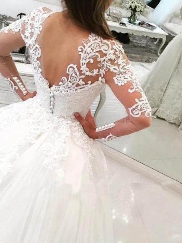 Gorgeous Ivory V-Neck Long Sleeves Appliques Watteau Train Wedding Dress