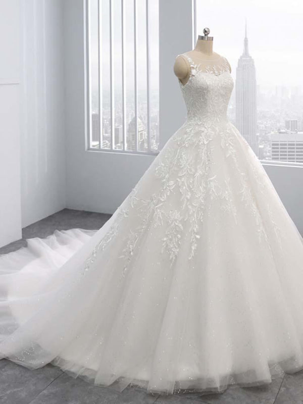 Gorgeous Lace-Up Sweep Train Ball Gown Wedding Dresses