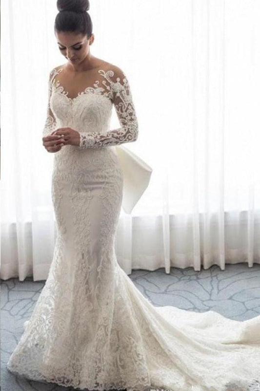 Gorgeous Lace with Long Sleeves Bowknot Mermaid Wedding Dress