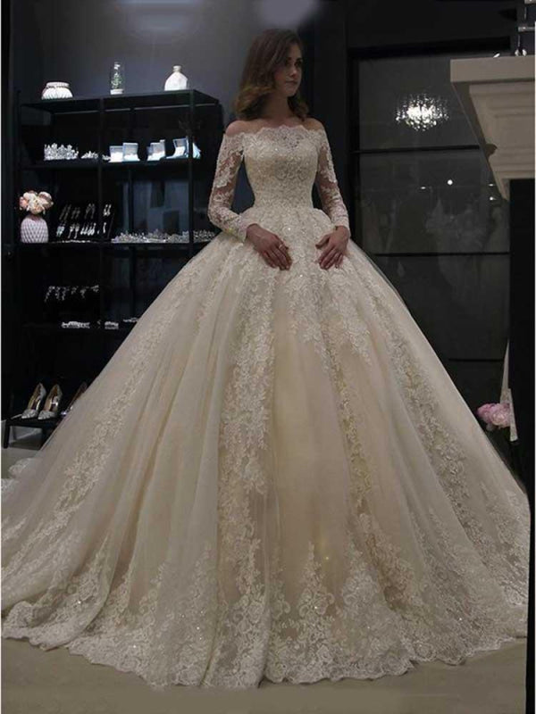 Gorgeous Long Sleeves Lace Ball Gown Wedding Dresses