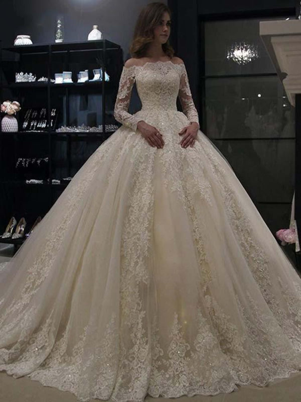 Gorgeous Long Sleeves Lace Ball Gown Wedding Dresses