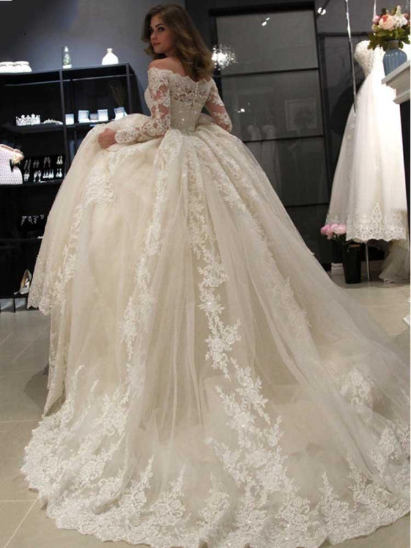 Gorgeous Long Sleeves Lace Ball Gown Wedding Dresses