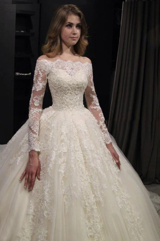 Gorgeous Long Sleeves Lace Ball Gown Wedding Dresses