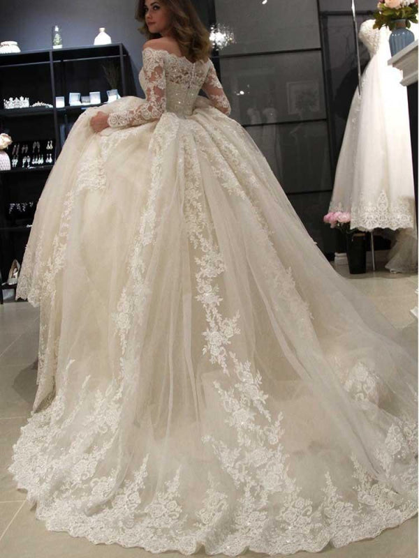 Gorgeous Long Sleeves Lace Ball Gown Wedding Dresses