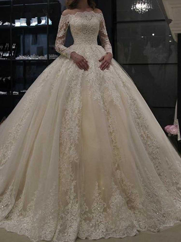 Gorgeous Long Sleeves Lace Ball Gown Wedding Dresses