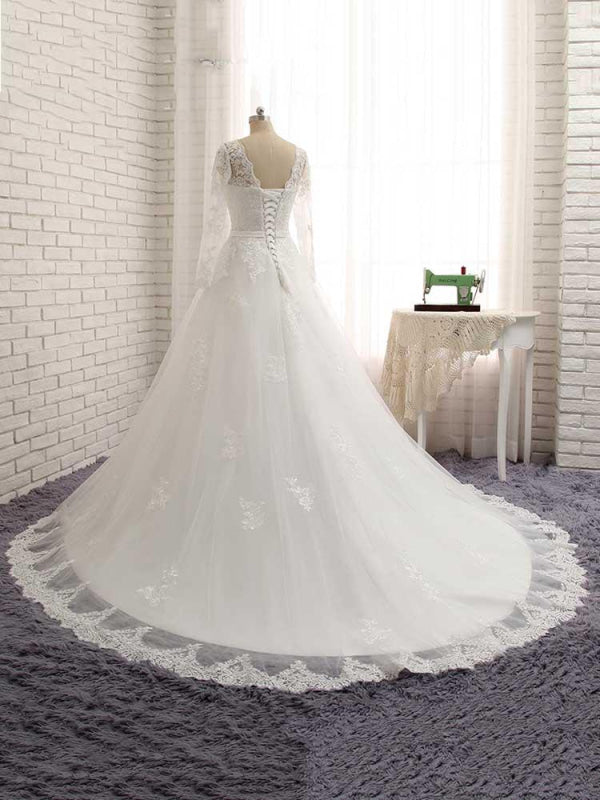 Gorgeous Long Sleeves Lace Ribbon Tulle Wedding Dresses