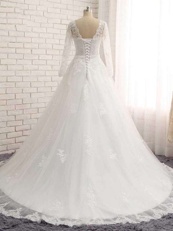Gorgeous Long Sleeves Lace Ribbon Tulle Wedding Dresses