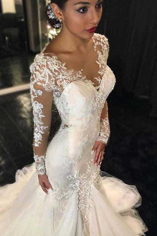 Gorgeous Long Sleeves Mermaid V-neck Gown Ivory Wedding Dress