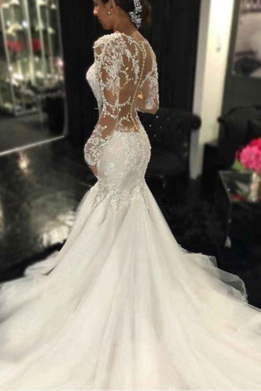 Gorgeous Long Sleeves Mermaid V-neck Gown Ivory Wedding Dress