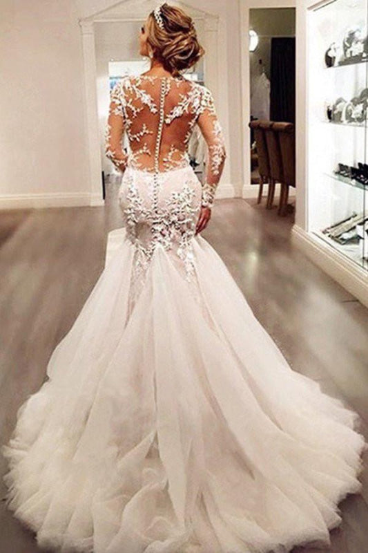 Gorgeous Long Sleeves Mermaid V-neck Gown Ivory Wedding Dress
