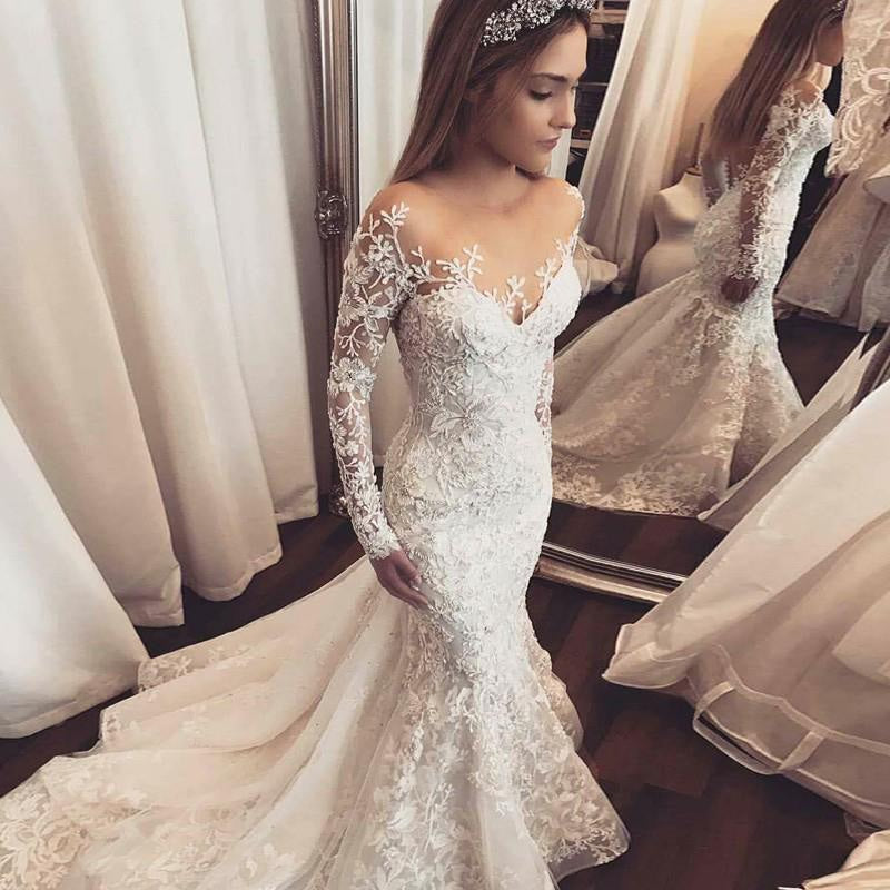 Gorgeous Mermaid Illusion Long Sleeves Tulle Appliques Beach Wedding Dress