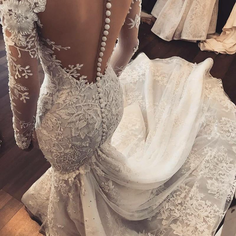 Gorgeous Mermaid Illusion Long Sleeves Tulle Appliques Beach Wedding Dress