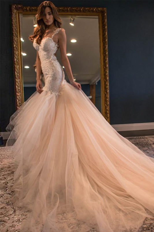 Gorgeous Mermaid Sweetheart Sleeveless Watteau Train Tulle Wedding Dress