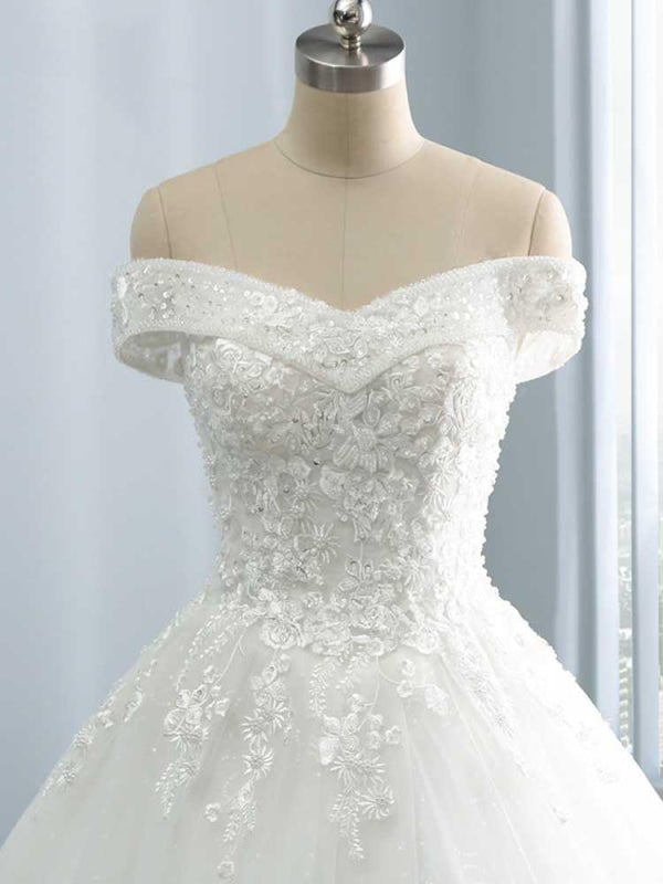 Gorgeous Off-The-Shoulder Lace Ball Gown Wedding Dresses
