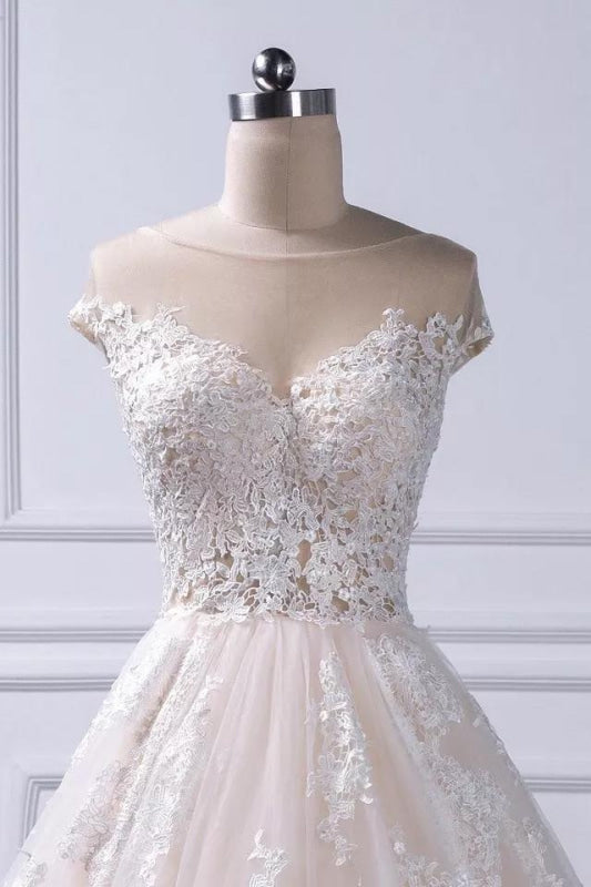 Gorgeous Sheer Neck Cap Sleeves Lace Appliques A Line Wedding Dress