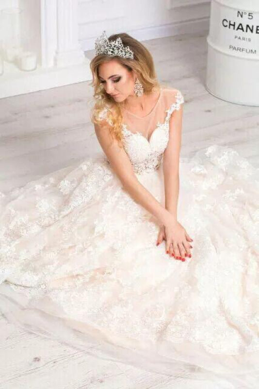 Gorgeous Sheer Neck Cap Sleeves Lace Appliques A Line Wedding Dress