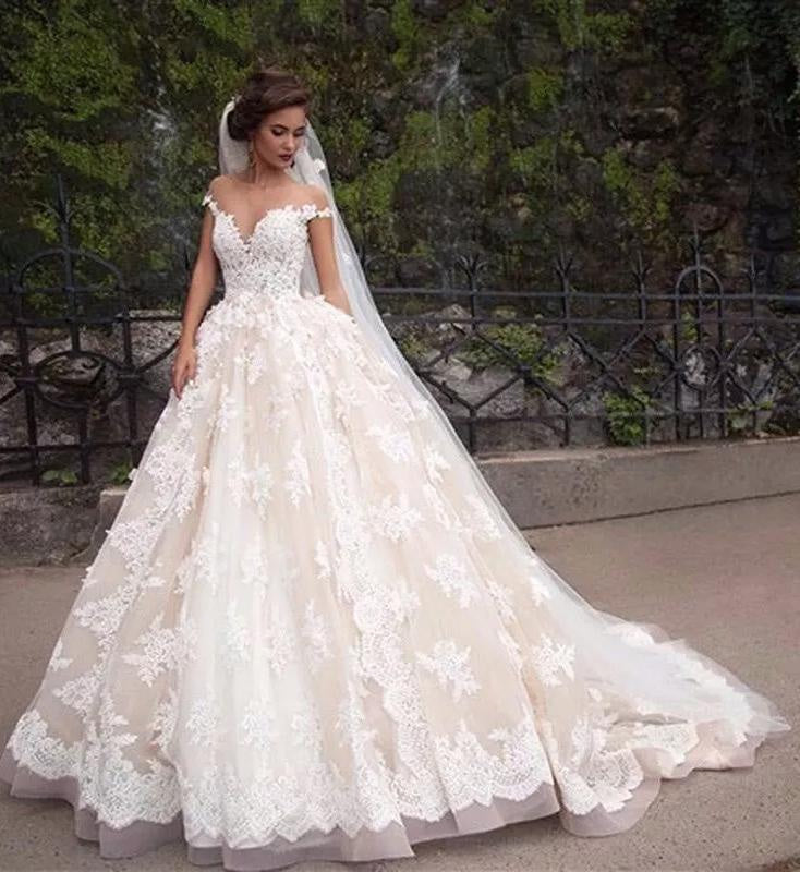 Gorgeous Sheer Neck Cap Sleeves Lace Appliques A Line Wedding Dress
