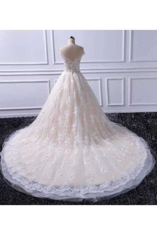 Gorgeous Sheer Neck Cap Sleeves Lace Appliques A Line Wedding Dress