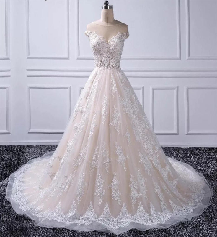 Gorgeous Sheer Neck Cap Sleeves Lace Appliques A Line Wedding Dress