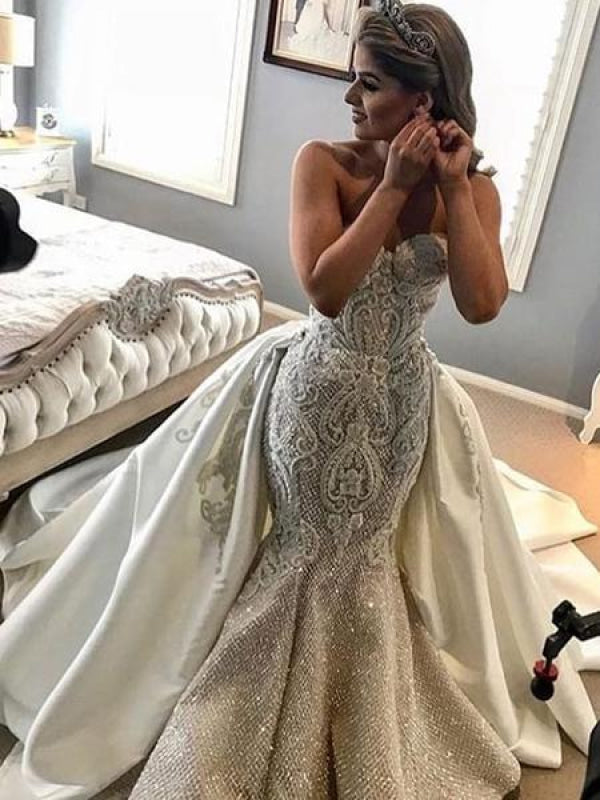 Gorgeous Shiny Beading Lace Strapless Overskirt Wedding Dresses