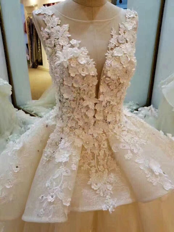Gorgeous Sleeveless Ball Gown Appliques Flowers Court Train Wedding Dress