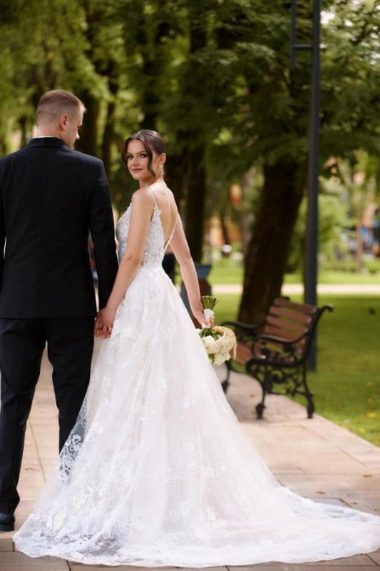 Gorgeous Sleeveless Lace Aline Wedding Dress V-Neck Tulle Bridal Dress