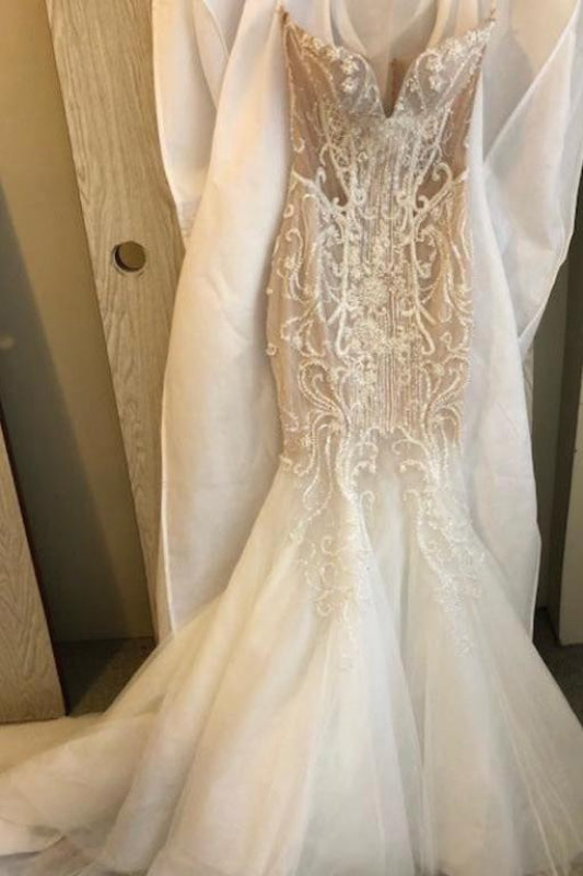 Strapless Tulle Mermaid Wedding Dress | Long Train Bridal Gown with Appliques