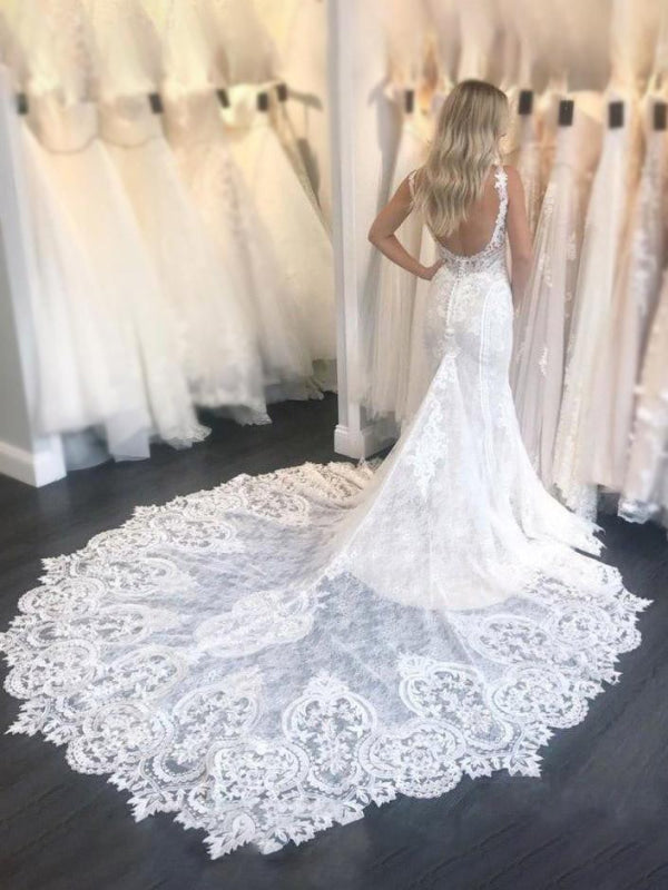 Gorgeous Straps Mermaid Train Lace Wedding Dress