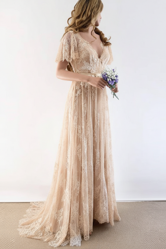 Gorgeous V-Neck Cap Sleeves Lace Wedding Dresses