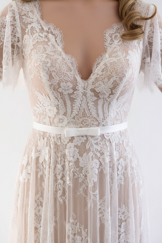 Gorgeous V-Neck Cap Sleeves Lace Wedding Dresses