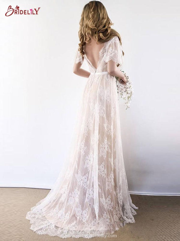 Gorgeous V-Neck Cap Sleeves Lace Wedding Dresses
