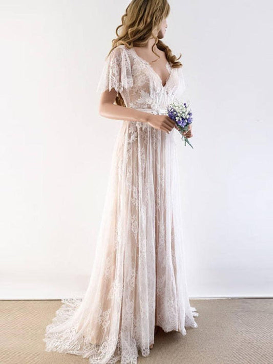 Gorgeous V-Neck Cap Sleeves Lace Wedding Dresses