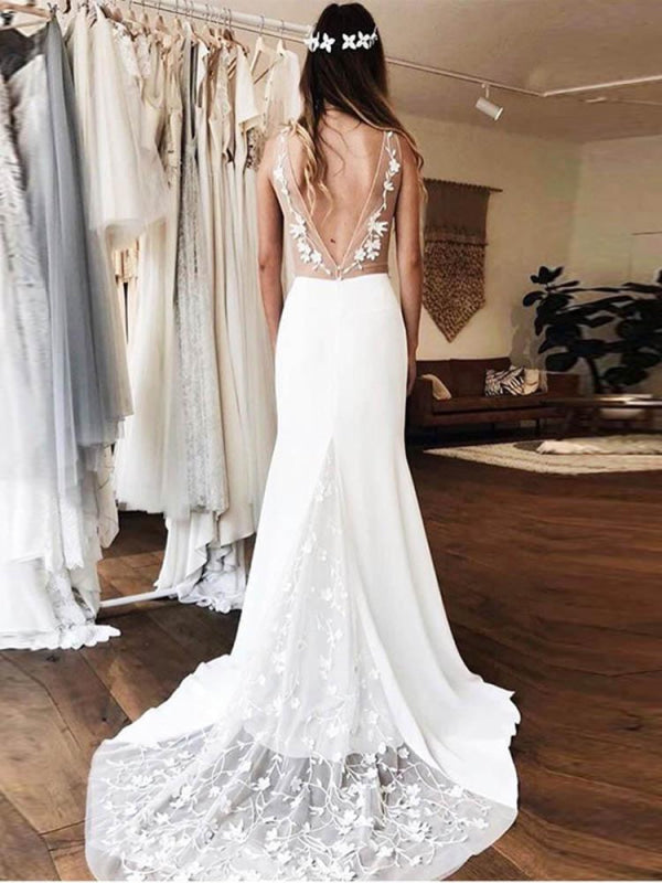 Gorgeous V-neck Lace Backless Mermaid Wedding Dresses