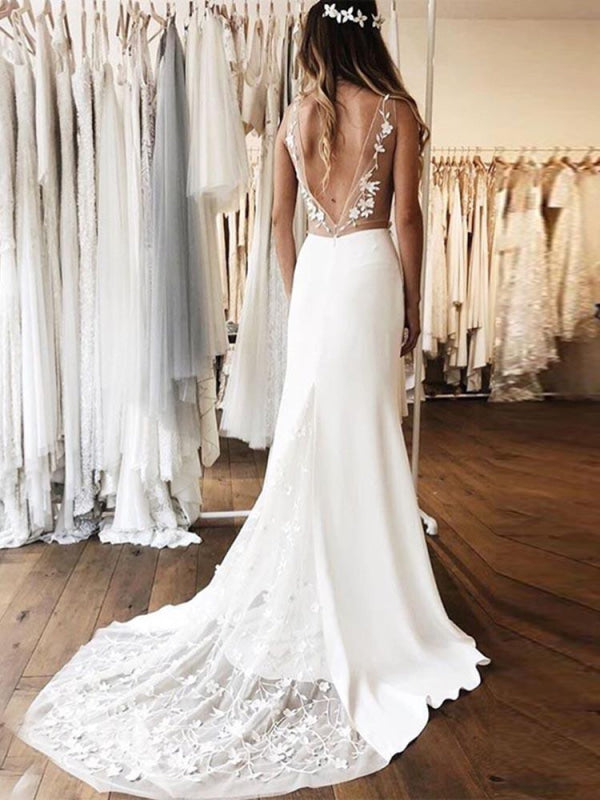 Gorgeous V-neck Lace Backless Mermaid Wedding Dresses