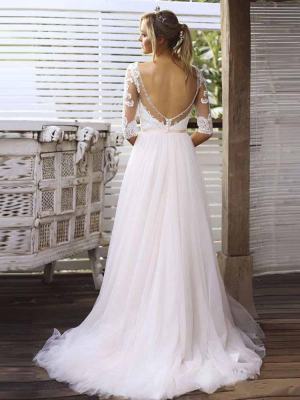 Gorgeous V Neck Long Sleeves Tulle Wedding Dresses