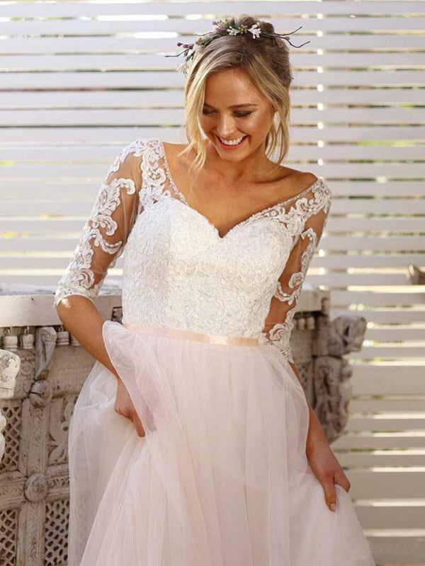 Gorgeous V Neck Long Sleeves Tulle Wedding Dresses