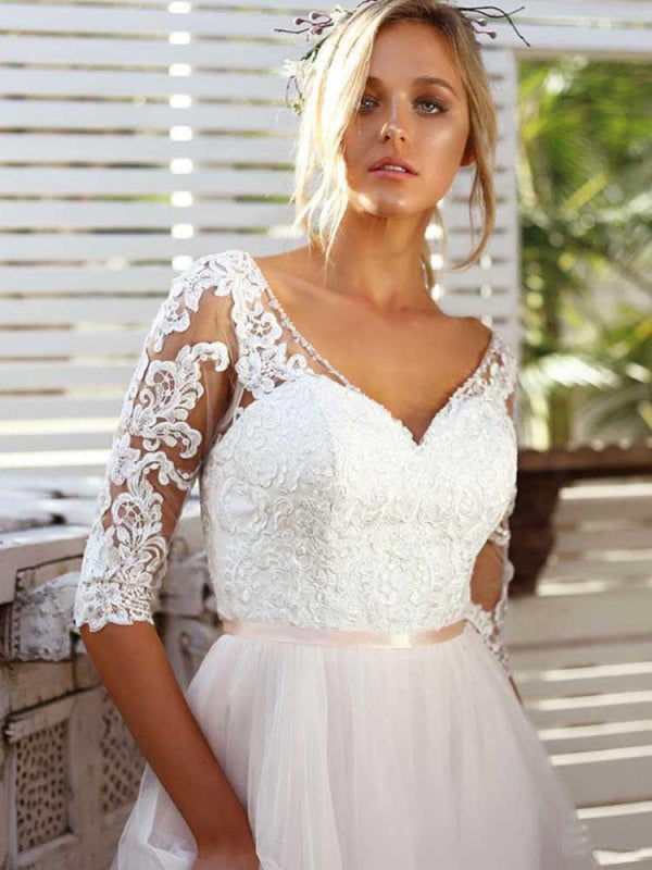 Gorgeous V Neck Long Sleeves Tulle Wedding Dresses