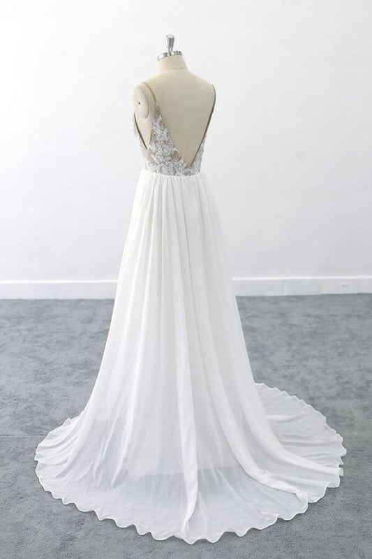 Graceful V-neck Lace Chiffon A-line Wedding Dress