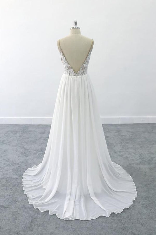 Graceful V-neck Lace Chiffon A-line Wedding Dress