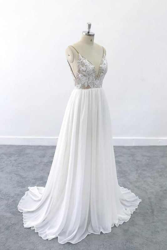 Graceful V-neck Lace Chiffon A-line Wedding Dress