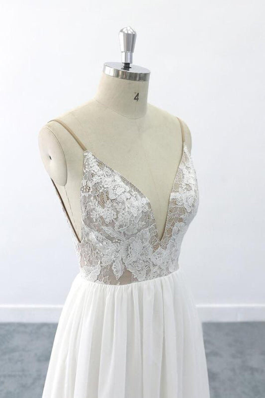 Graceful V-neck Lace Chiffon A-line Wedding Dress