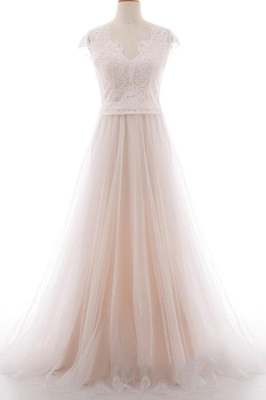 Graceful V-neck Lace Tulle A-line Wedding Dress