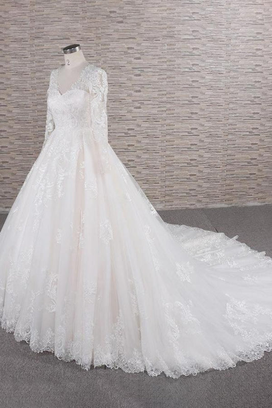 Graceful V-neck Long Sleeve Appliques Wedding Dress