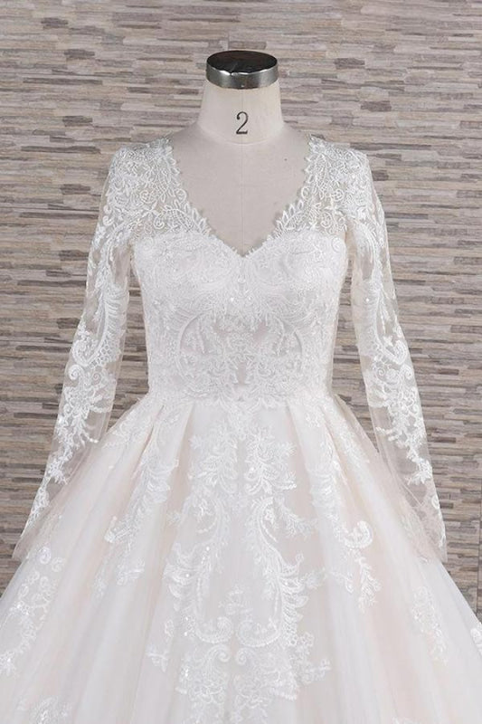 Graceful V-neck Long Sleeve Appliques Wedding Dress