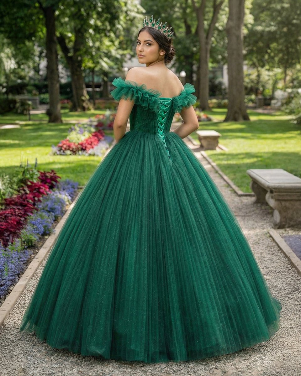 Green Off Shoulder Tulle Long Quinceanera Dresses