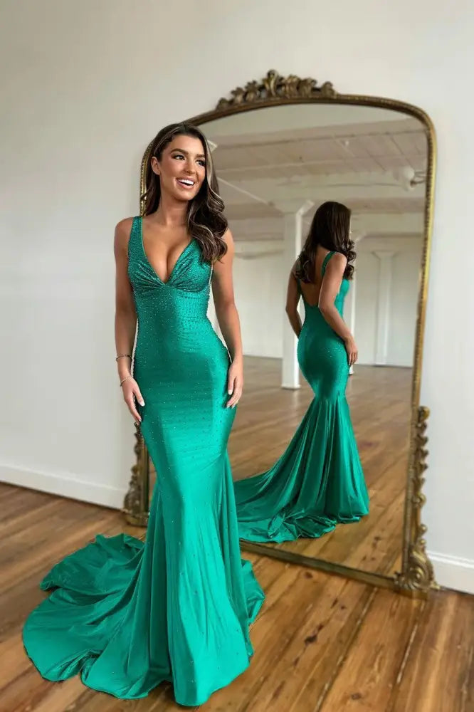 Green Mermaid Prom Dress V Neck Long with Beads