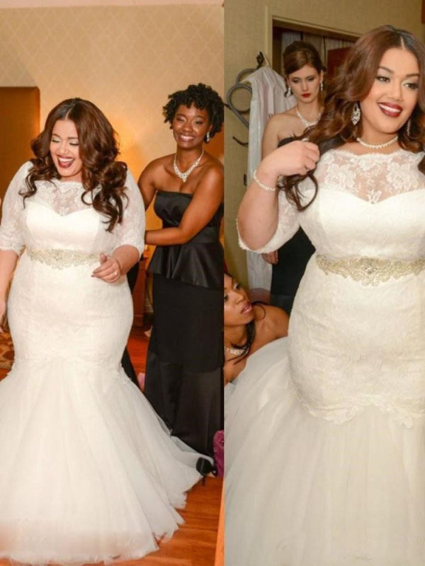 Half Sleeves Sashes Mermaid Wedding Dresses Plus Size