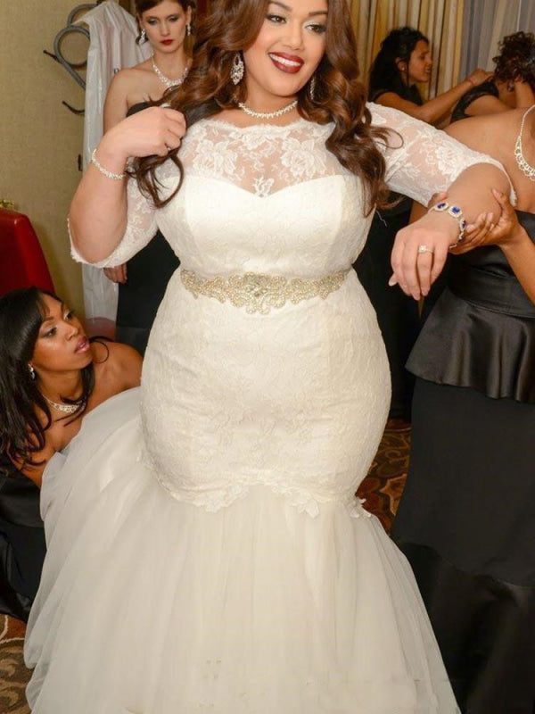 Half Sleeves Sashes Mermaid Wedding Dresses Plus Size