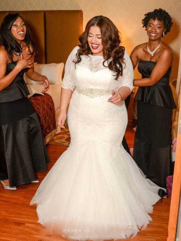 Half Sleeves Sashes Mermaid Wedding Dresses Plus Size